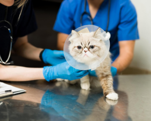 cute persian cat with a recovery cone after a surgery at the veterinarian. woman and ma